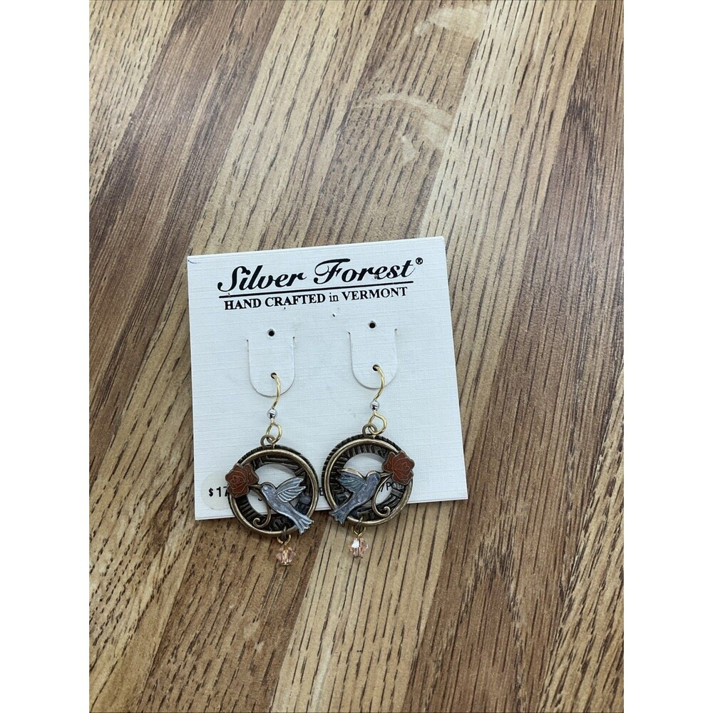Silver Forest Hummingbird Earrings With Hanging Orange Bead
